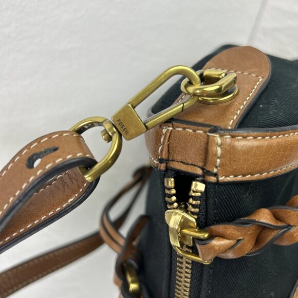 FOSSIL KENDALL SATCHEL Black Canvas Purse Brown Leather Trim Extra Strap - Picture 3 of 11